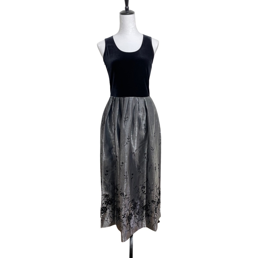 Y2K Vintage Metallic Taffeta Floral Glitter & Velvet Maxi Dress Size 4 Prom Glam